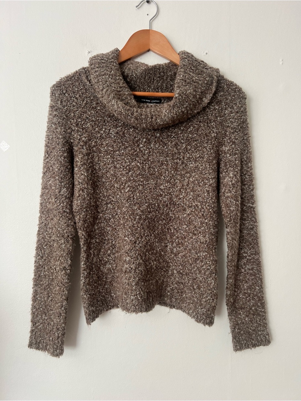 New York & Co Brown Bouclé sweater, women’s L, cowl neck cozy casual chic